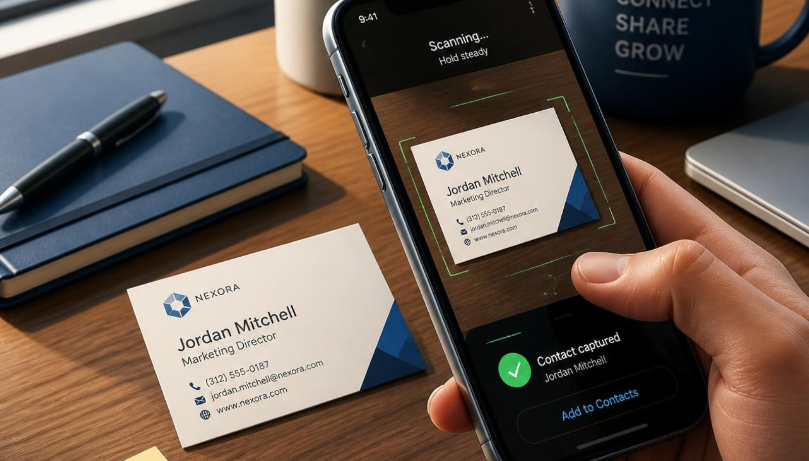 Phone scanning a business card while a voice recording of the conversation plays.